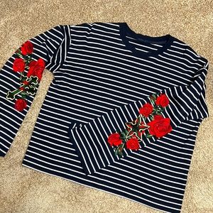 Embroidered Rose Striped Shirt